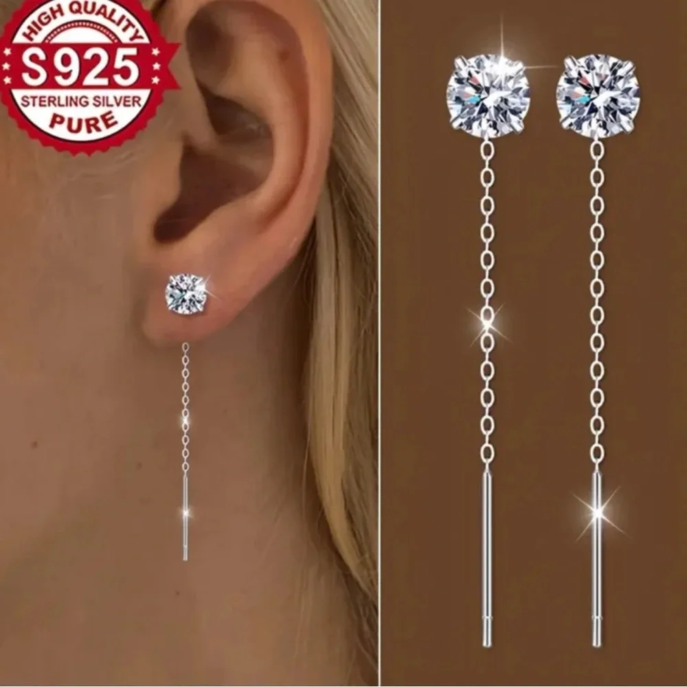 Iced Bling CZ S925 Sterling Silver Water drop threader earrings. New. - Picture 3 of 11